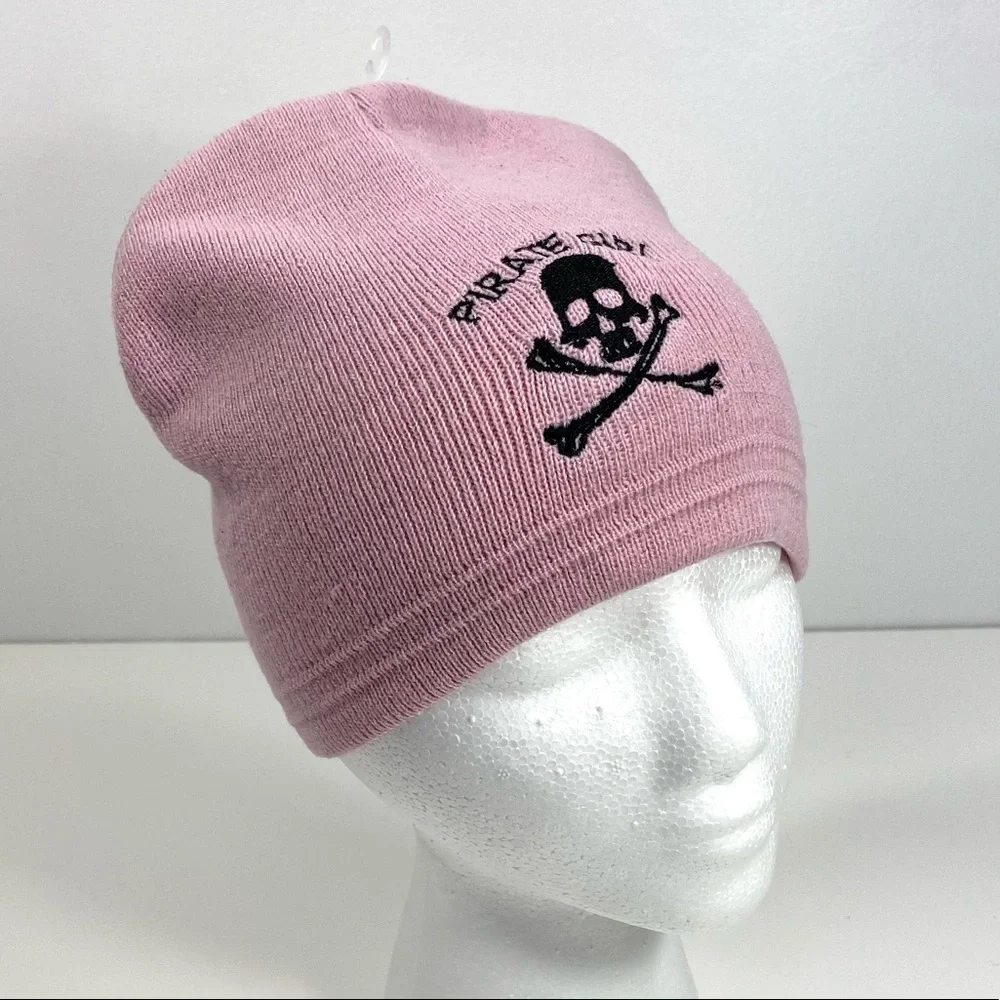PirateHeads Pirate Girl Pink Beanie Hat + Black Embroidered Skull & Crossbones
